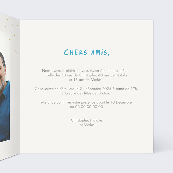 Invitation anniversaire Jamais 2 sans 3 Intérieur Droit