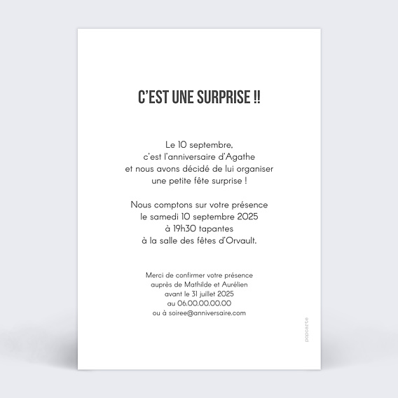 Invitation anniversaire Typographie Surprise Verso
