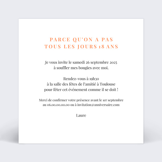 Invitation anniversaire Simplicité Verso