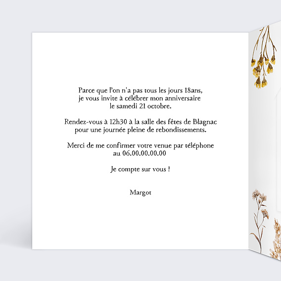 Invitation anniversaire Fleurs séchées avec Graines Intérieur Gauche