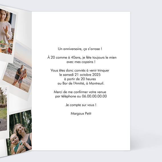 Invitation anniversaire Pêle-Mêle Polaroid Intérieur Droit