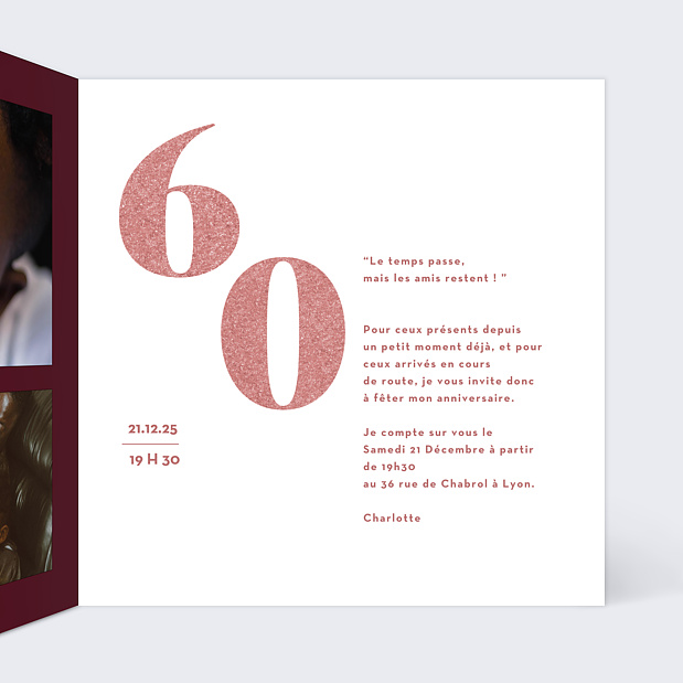 Invitation Anniversaire 60 ans Pailletés Intérieur Droit