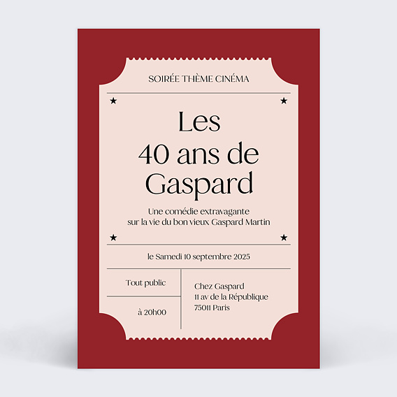 Invitation anniversaire Ticket de cinéma
