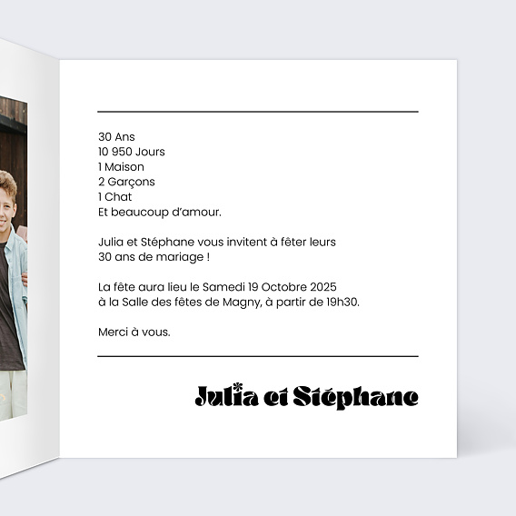 Invitation anniversaire mariage 30 ans Moderne Intérieur Droit