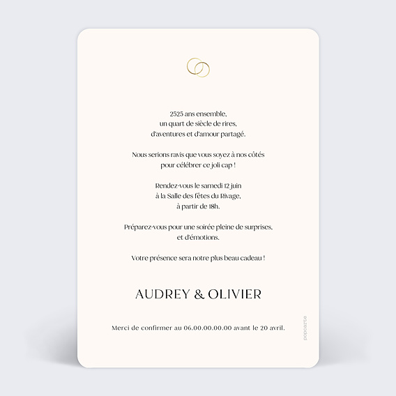 Invitation anniversaire mariage Alliances Minimalistes Verso