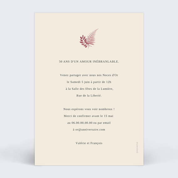 Invitation anniversaire mariage Esprit Floral Verso