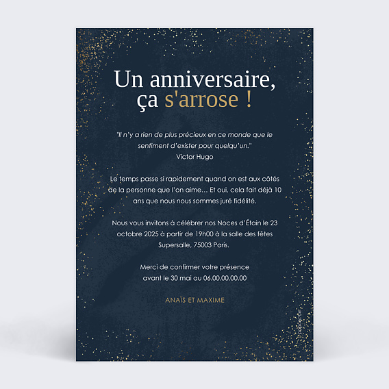 Invitation anniversaire mariage Mémento Verso