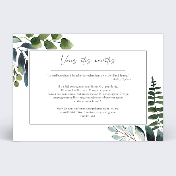 Invitation Anniversaire de Mariage Idylle Végétale Verso