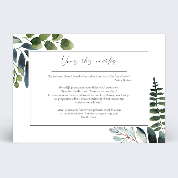 Invitation anniversaire mariage Idylle Végétale Verso