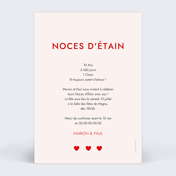 Invitation anniversaire de mariage 1001 Cœurs