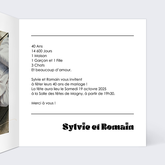 Invitation anniversaire mariage 40 ans Moderne Intérieur Droit