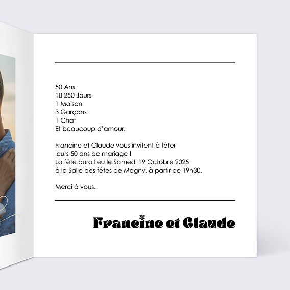 Invitation anniversaire mariage 50 ans Moderne Intérieur Droit