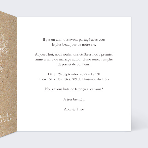 Invitation anniversaire mariage Gravure Kraft Intérieur Droit