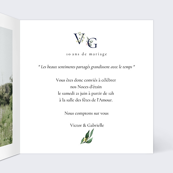 Invitation anniversaire mariage Lettrines Botaniques Intérieur Droit