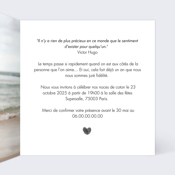 Invitation anniversaire mariage Petit Coeur Intérieur Droit