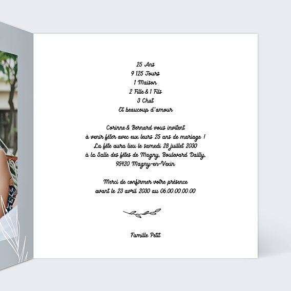 Invitation anniversaire mariage Photo mariage 25 ans Intérieur Droit
