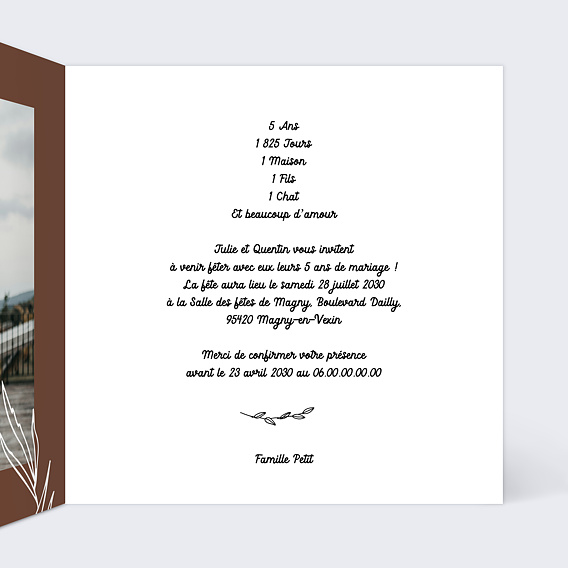 Invitation anniversaire mariage Photo mariage 5 ans Intérieur Droit