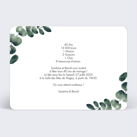 Invitation anniversaire mariage Branche d’Eucalyptus Verso