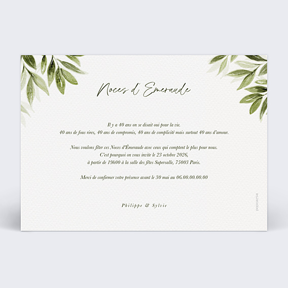 Invitation anniversaire de mariage Lauriers Suspendus