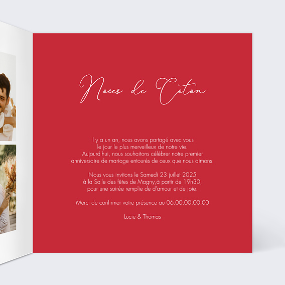 Invitation anniversaire mariage Photo cœur Intérieur Droit
