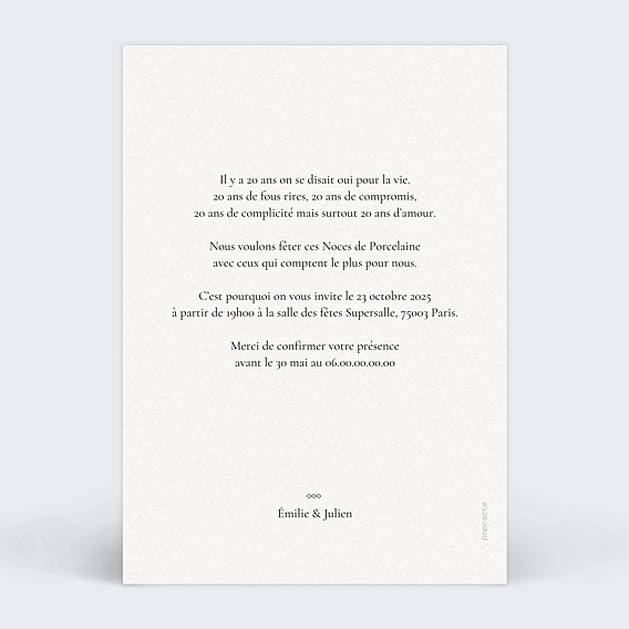 Invitation anniversaire mariage Inséparables Verso