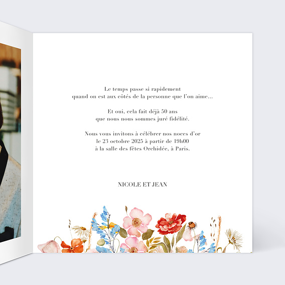 Invitation anniversaire mariage Éveil des fleurs Intérieur Droit