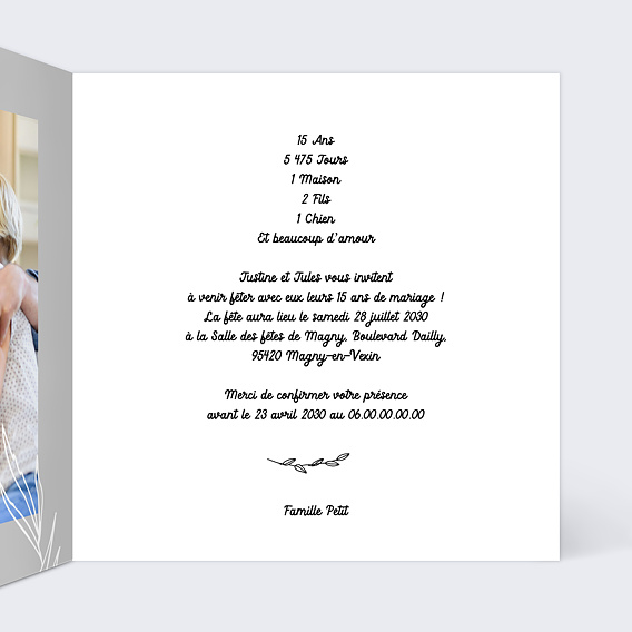 Invitation anniversaire mariage Photo mariage 15 ans Intérieur Droit