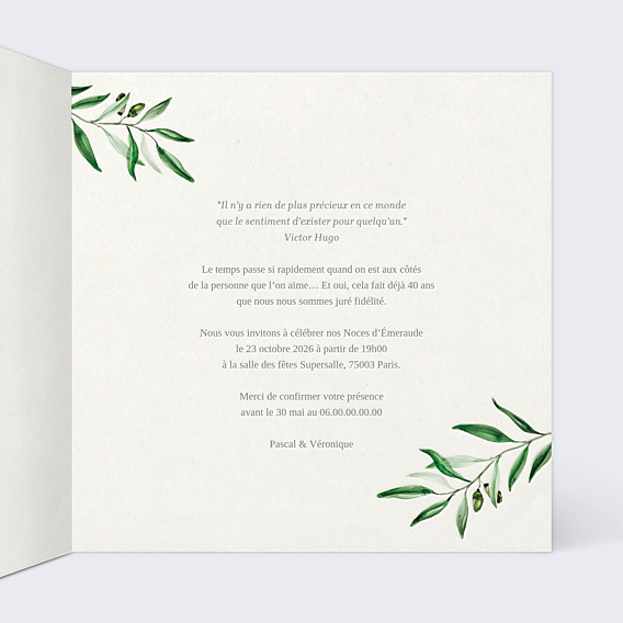 Invitation anniversaire de mariage Arche olivier