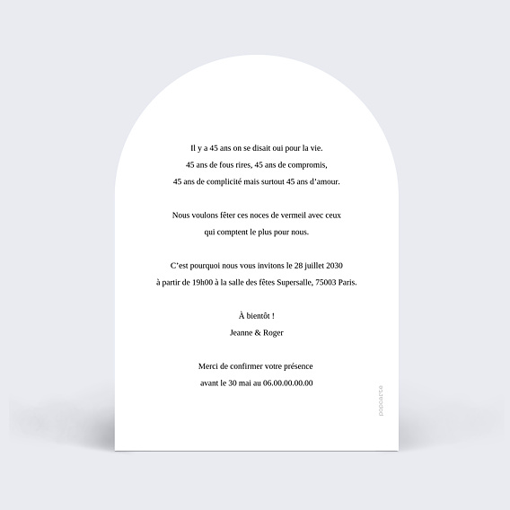 Invitation anniversaire mariage Bouquet de fleurs Verso