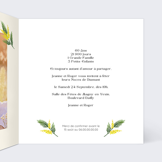 Invitation anniversaire mariage Couronne de Mimosa Intérieur Droit