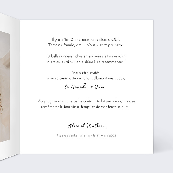Invitation anniversaire mariage Cœur en Photos Intérieur Droit