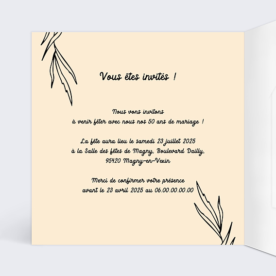 Invitation anniversaire mariage Année en grand avec Graines Intérieur Gauche