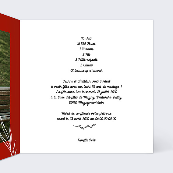 Invitation anniversaire de mariage Photo mariage 45 ans