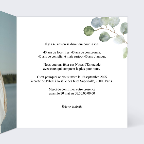 Invitation anniversaire mariage Couronne Ocre Eucalyptus Intérieur Droit
