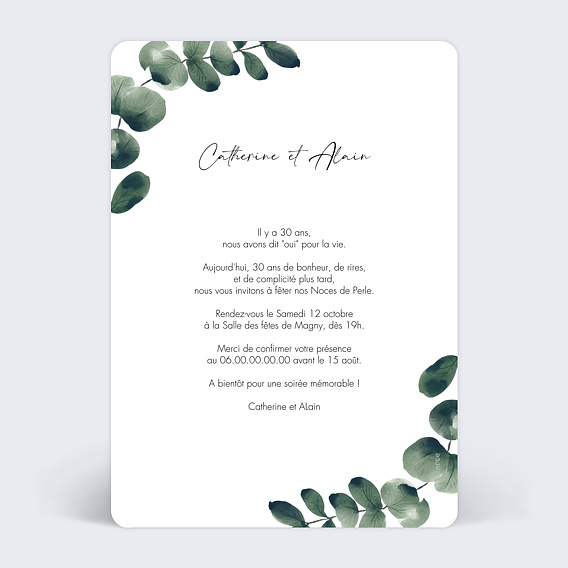 Invitation anniversaire mariage Branche d'Eucalyptus Verso