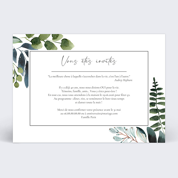 Invitation anniversaire de mariage Idylle Végétale