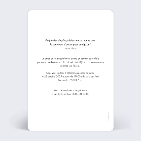 Invitation anniversaire mariage Alliances Verso