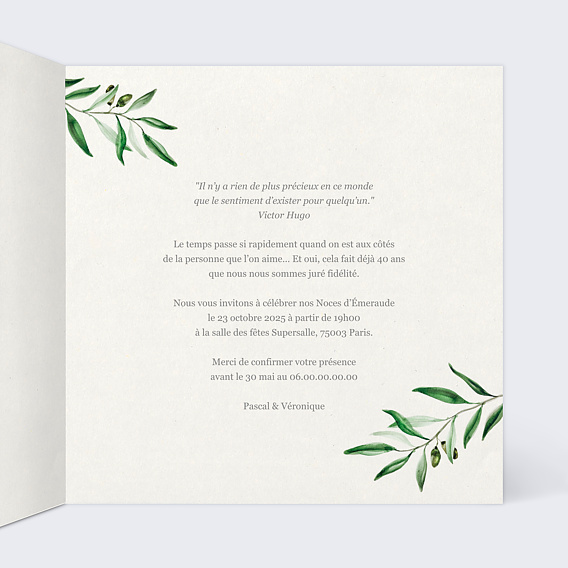 Invitation anniversaire mariage Arche olivier Intérieur Droit
