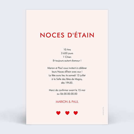 Invitation anniversaire mariage 1001 Cœurs Verso