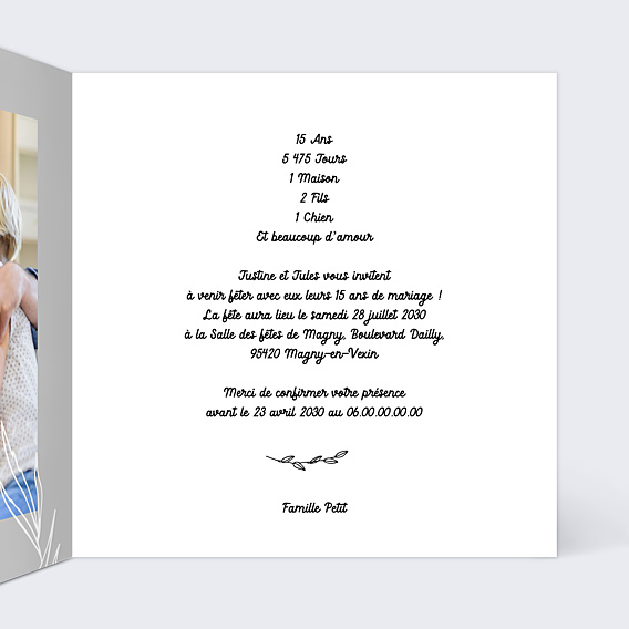 Invitation anniversaire de mariage Photo mariage 15 ans
