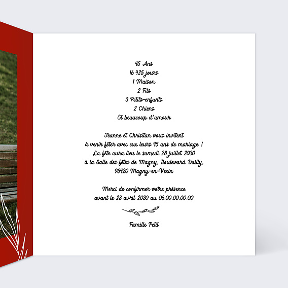 Invitation anniversaire mariage Photo mariage 45 ans Intérieur Droit