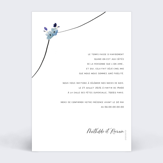 Invitation anniversaire mariage Couple fleuris Verso