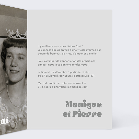 Invitation anniversaire mariage 60 ans de mariage Intérieur Droit