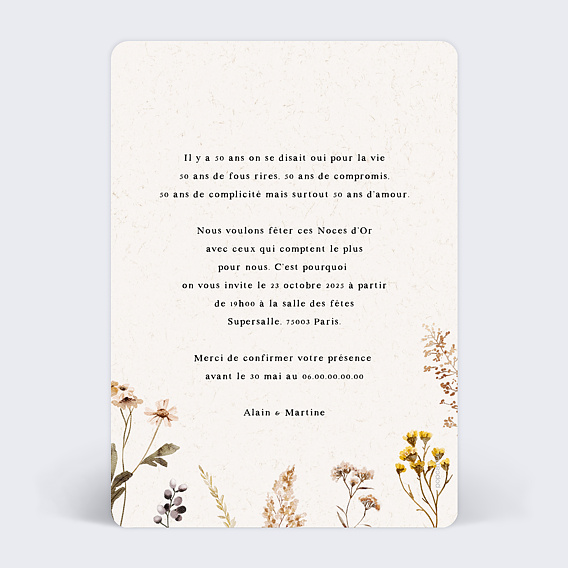 Invitation anniversaire mariage Bouquet Sauvage Verso