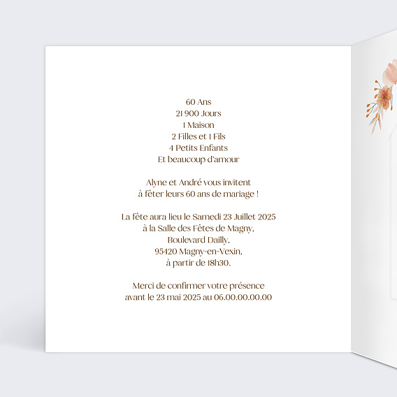 Invitation anniversaire mariage Flower of Fall Graines Intérieur Gauche