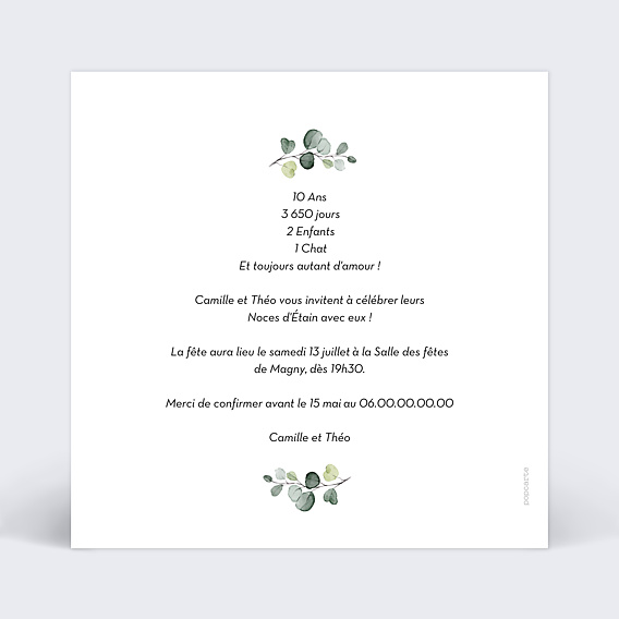 Invitation anniversaire mariage Petite Couronne Eucalyptus Verso
