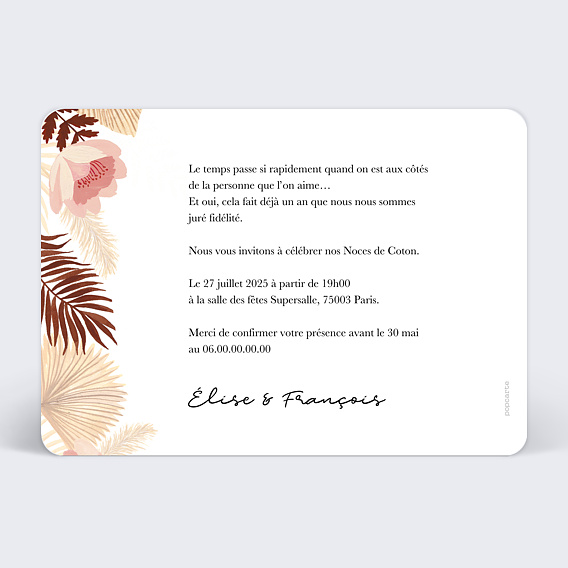 Invitation anniversaire mariage Printemps Bohème Verso