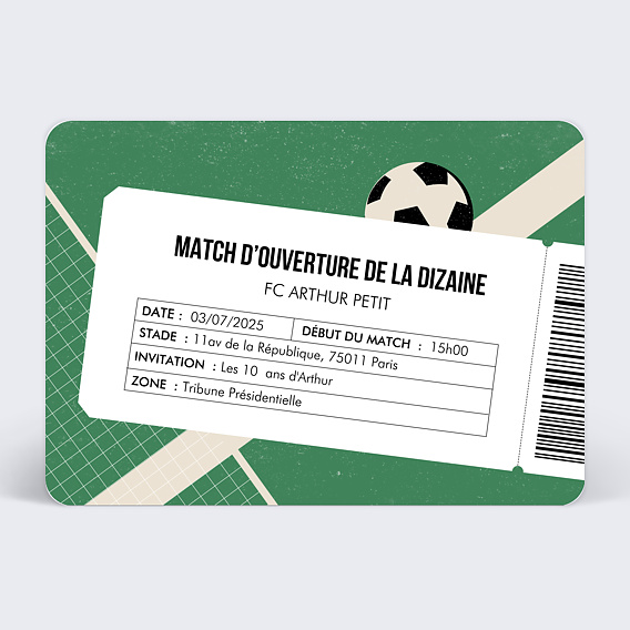 Invitation anniversaire enfant Billet de Foot