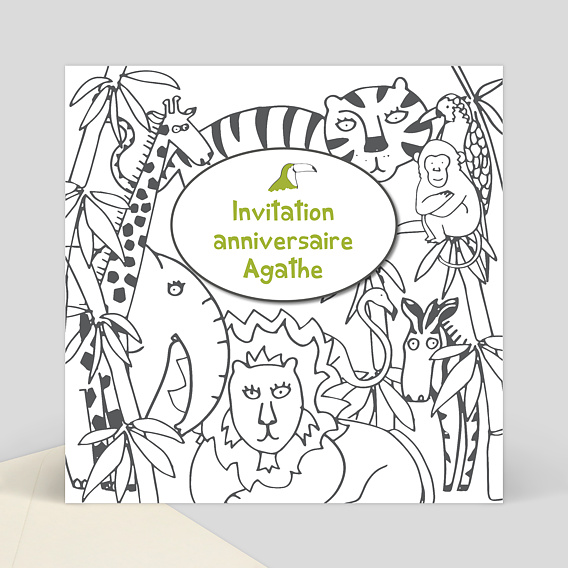 Carte d'invitation anniversaire coloriage jungle