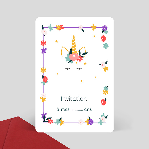 Carte d'Invitation Anniversaire Enfant Licorne et Fleurs